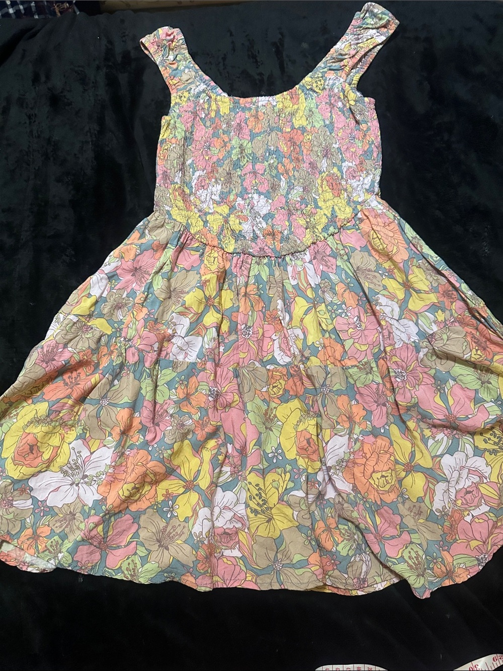 O’Neil Floral Sundress - Pink, Yellow & Green Ruched Top Flowy Skirt XS